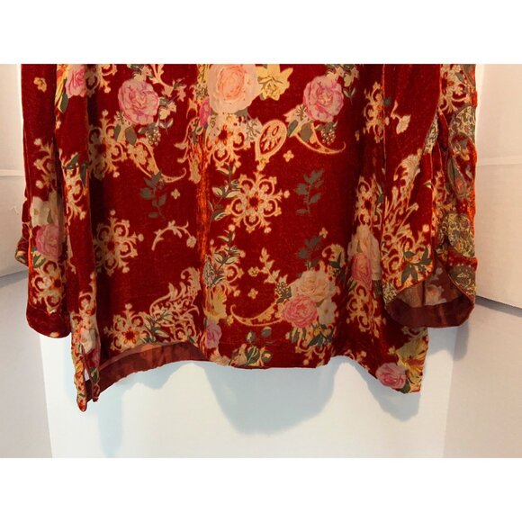 JOHNNY WAS Burnout Velvet SILK BLEND  Floral Boho Tunic Top Red Pink Roses L Lon - Picture 14 of 14